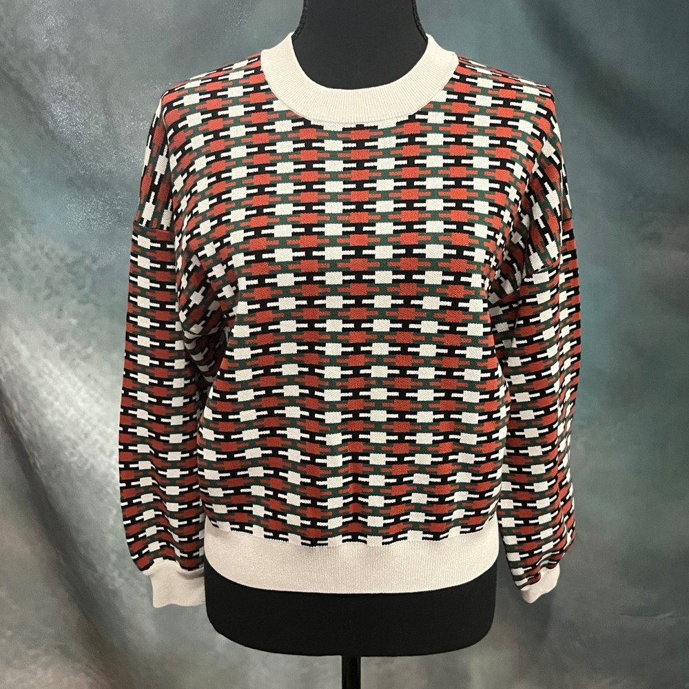 525 America Womens Geometric Intarsia Knit Crewneck Sweater Rust Green Small